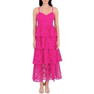 Siena Womens Embroidered-Lace Ruffle-Tiered Maxi Dress 6 Hot Pink - NWT $158